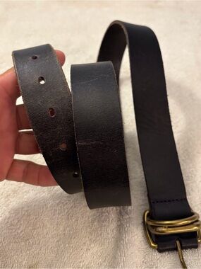 GAP Black Leather Belt Unisex Gold Tone Double Loop Buckle SZ 38 waist 35/37